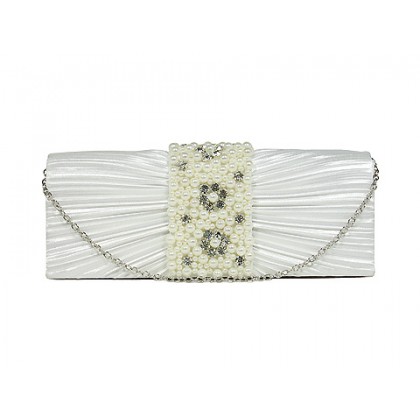 Evening Bag - 12 PCS - Satin w/ Pleated & Beaded Flap - White - BG-100274W